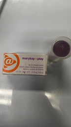 Actual Mary Kay At Play Razzleberry lip and cheek stick with its original worn retail box on a white background