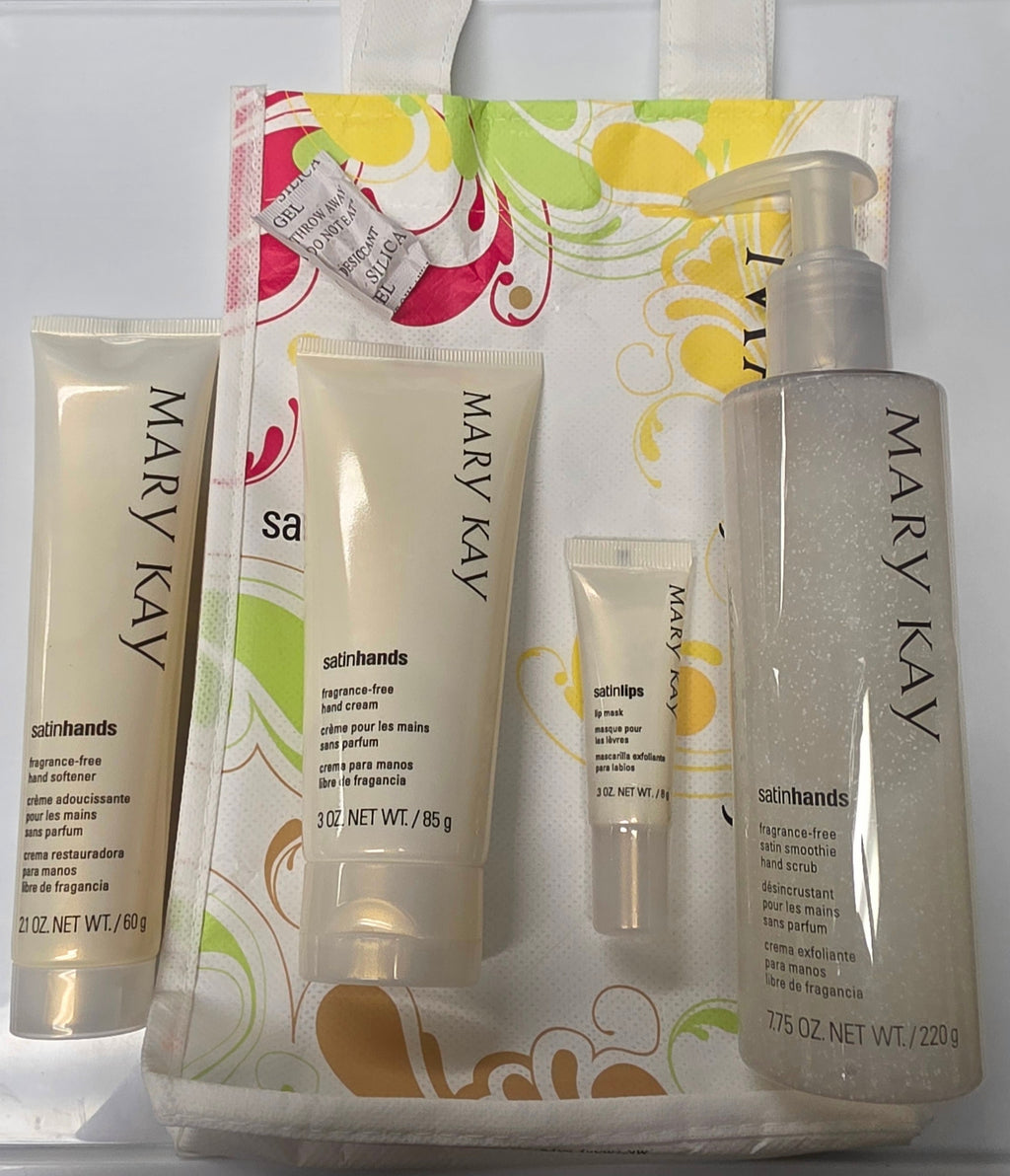 Actual Mary Kay set with Satin Hands hand softener, hand cream, Satin Smoothie hand scrub, Satin Lips lip mask, and floral handled bag