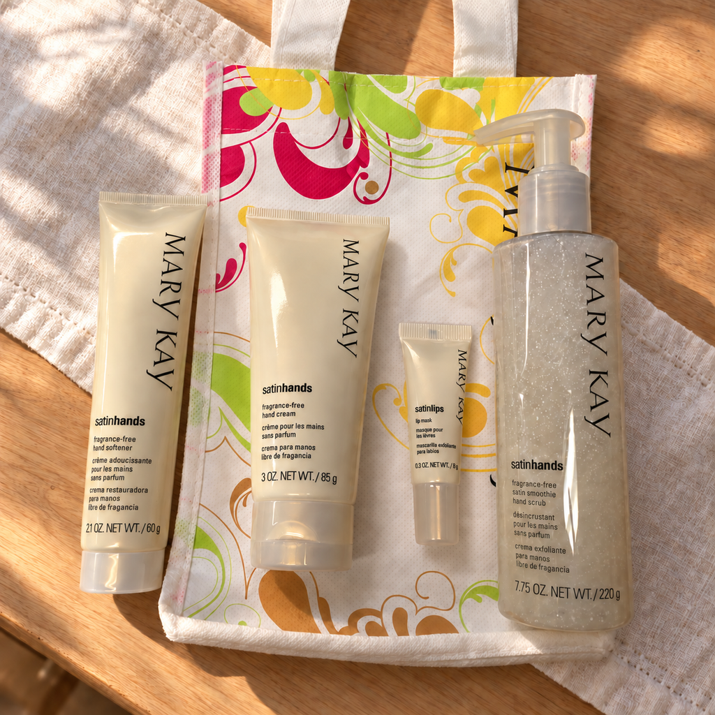 Mary Kay Satin Hands hand care and 0.3 oz Satin Lips mask with included floral bag, AI-styled on oak and white linen