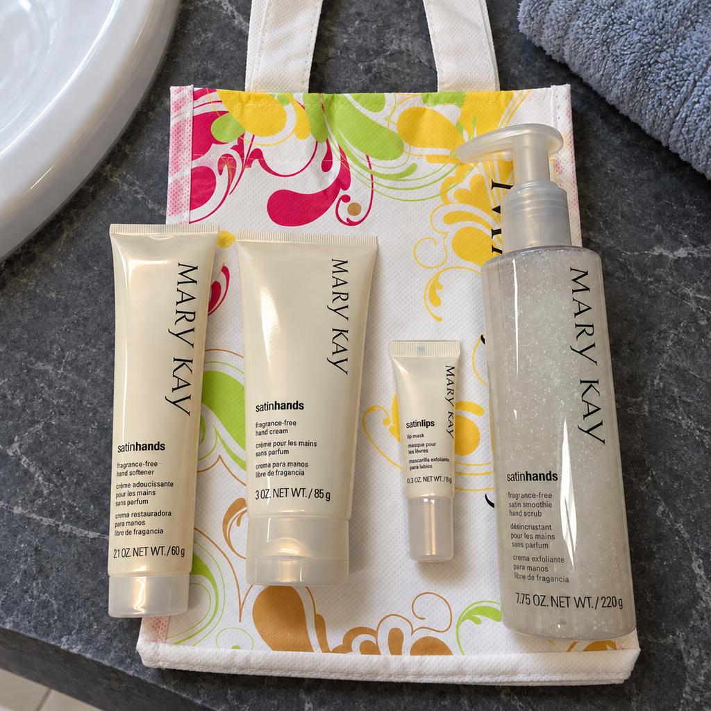 Four Mary Kay Satin Hands and Satin Lips products with floral handled bag, AI-styled on a slate bathroom counter