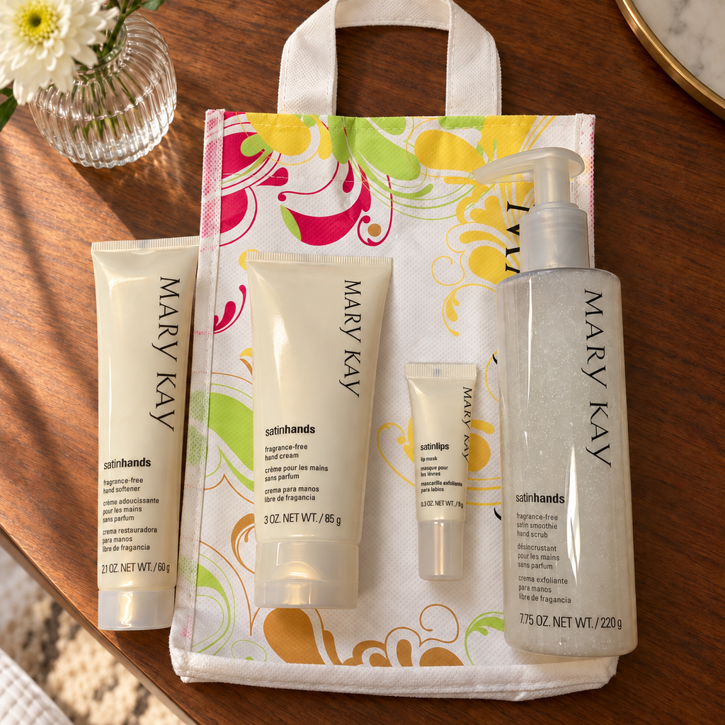 Four-product Mary Kay Satin Hands and Satin Lips set with colorful floral handled bag, AI-styled on a walnut dresser