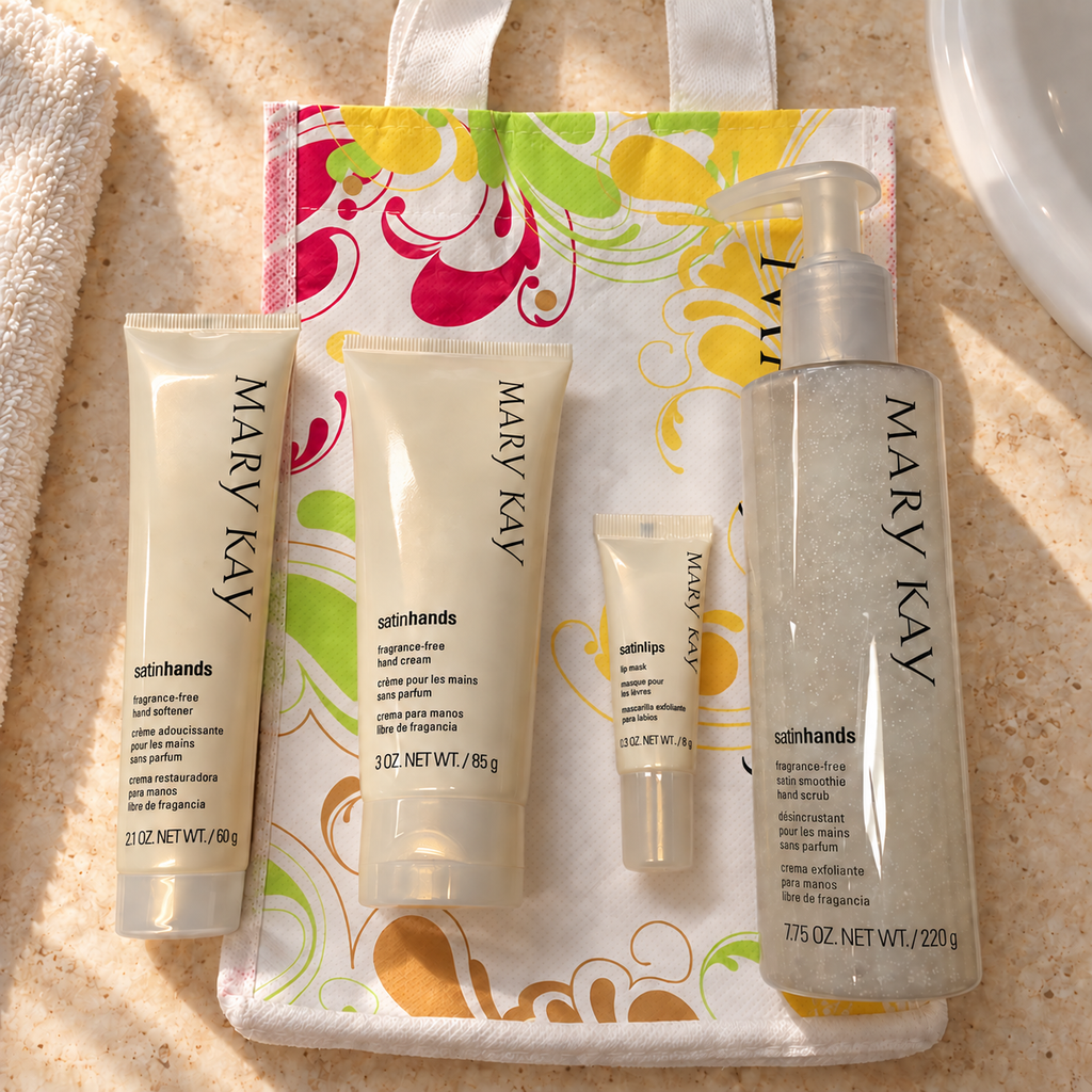 Mary Kay Satin Hands hand softener, hand cream, Satin Smoothie scrub and 0.3 oz Satin Lips mask with floral bag, AI-styled on a warm bathroom vanity