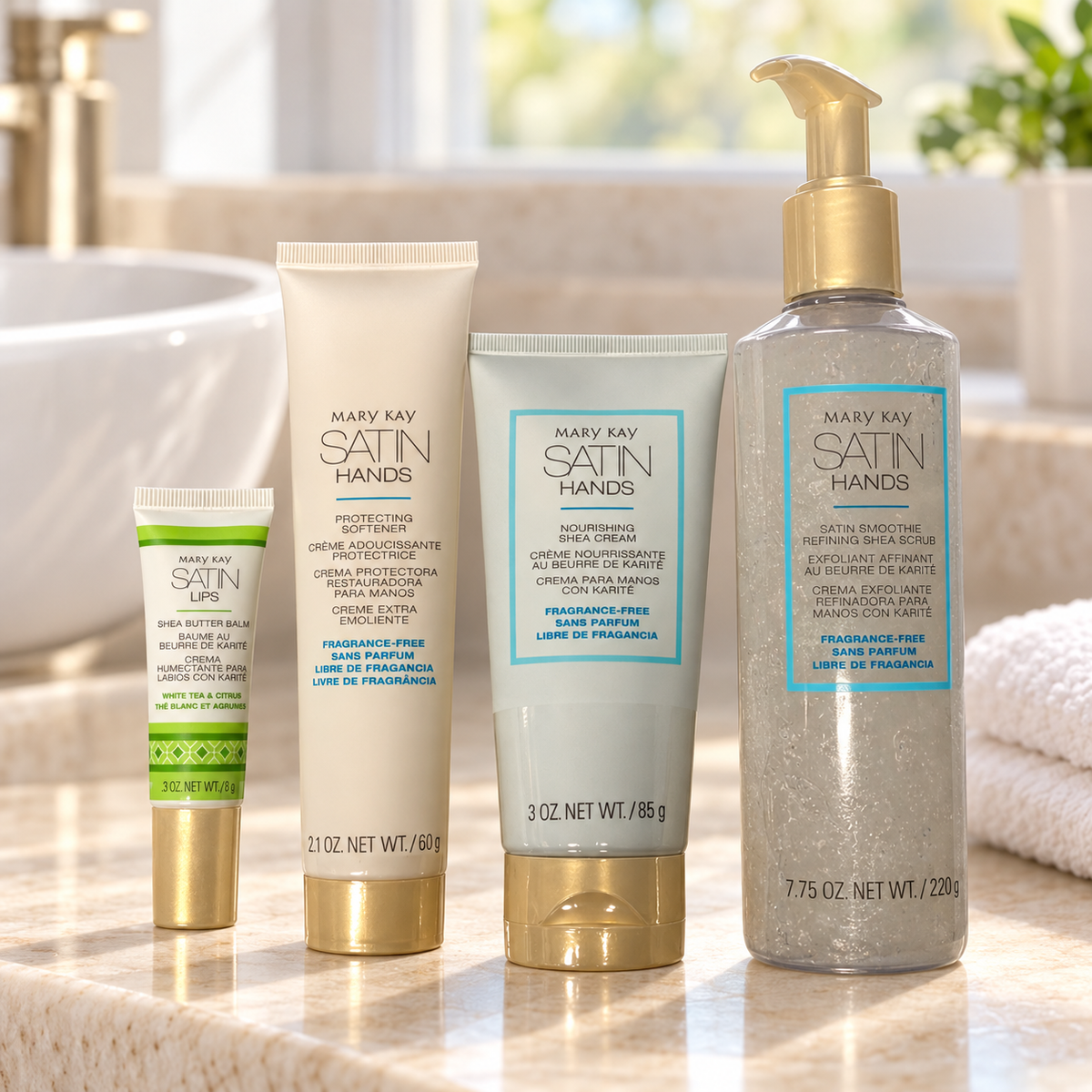 Mary Kay Fragrance-Free Satin Hands shea trio and White Tea & Citrus Satin Lips Shea Butter Balm 0.3 oz, AI-styled on a sunlit stone vanity