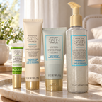 Mary Kay Fragrance-Free Satin Hands shea trio and White Tea & Citrus Satin Lips Shea Butter Balm 0.3 oz, AI-styled on a bedroom dressing table