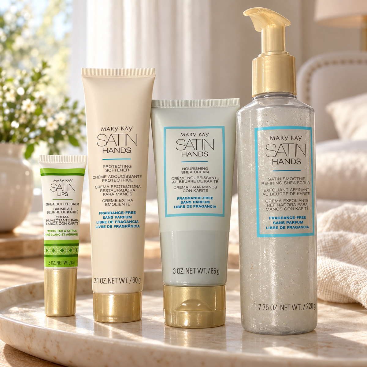 Mary Kay Fragrance-Free Satin Hands shea trio and White Tea & Citrus Satin Lips Shea Butter Balm 0.3 oz, AI-styled on a bedroom dressing table
