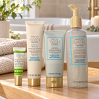Mary Kay Fragrance-Free Satin Hands shea trio and White Tea & Citrus Satin Lips Shea Butter Balm 0.3 oz, AI-styled on a wooden bath shelf