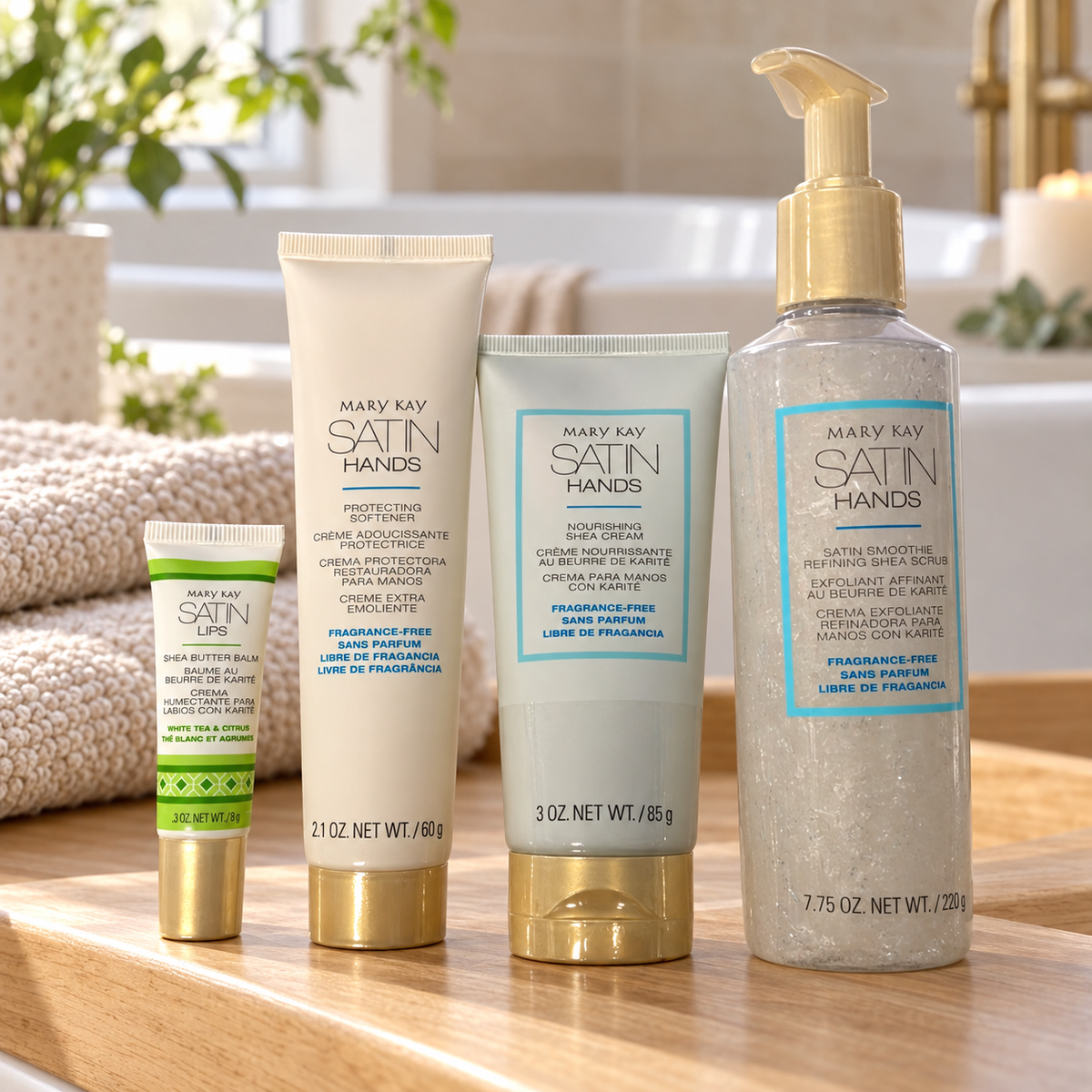 Mary Kay Fragrance-Free Satin Hands shea trio and White Tea & Citrus Satin Lips Shea Butter Balm 0.3 oz, AI-styled on a wooden bath shelf