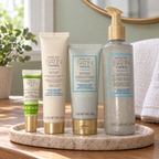 Mary Kay Fragrance-Free Satin Hands shea trio and White Tea & Citrus Satin Lips Shea Butter Balm 0.3 oz, AI-styled on a sage guest bathroom