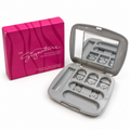 Open empty silver-gray Mary Kay MK Signature Custom Compact 9004 with mirror and original pink box