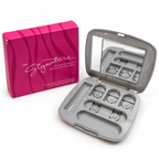 Open empty silver-gray Mary Kay MK Signature Custom Compact 9004 with mirror and original pink box