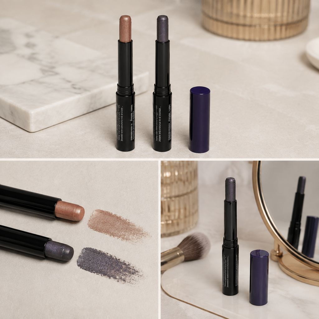AI-generated contextual swatch image for Mary Kay Smoke & Shimmer Eye Wand showing shimmer-style shade comparison.