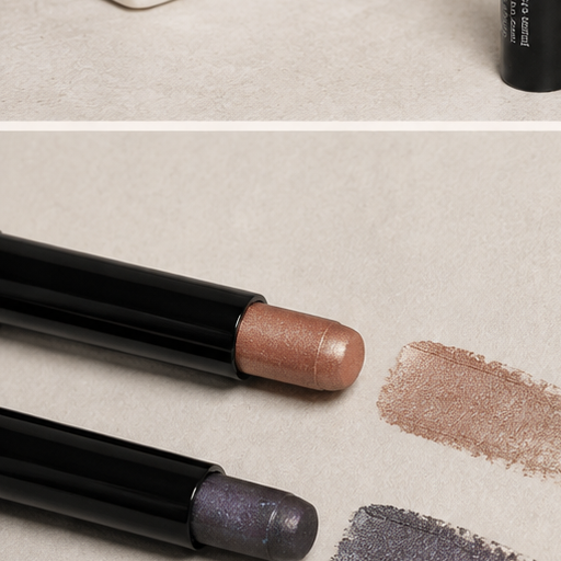 AI-generated contextual close-up swatch card for Mary Kay Smoke & Shimmer Eye Wand Amethyst Smoke and Enchanted shades.