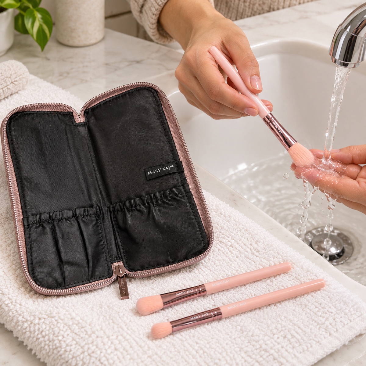 Adult gently rinsing a Mary Kay eye brush at the sink