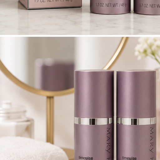 AI-generated vanity context image of Mary Kay TimeWise Repair Revealing Radiance Facial Peel bottles beside a towel.