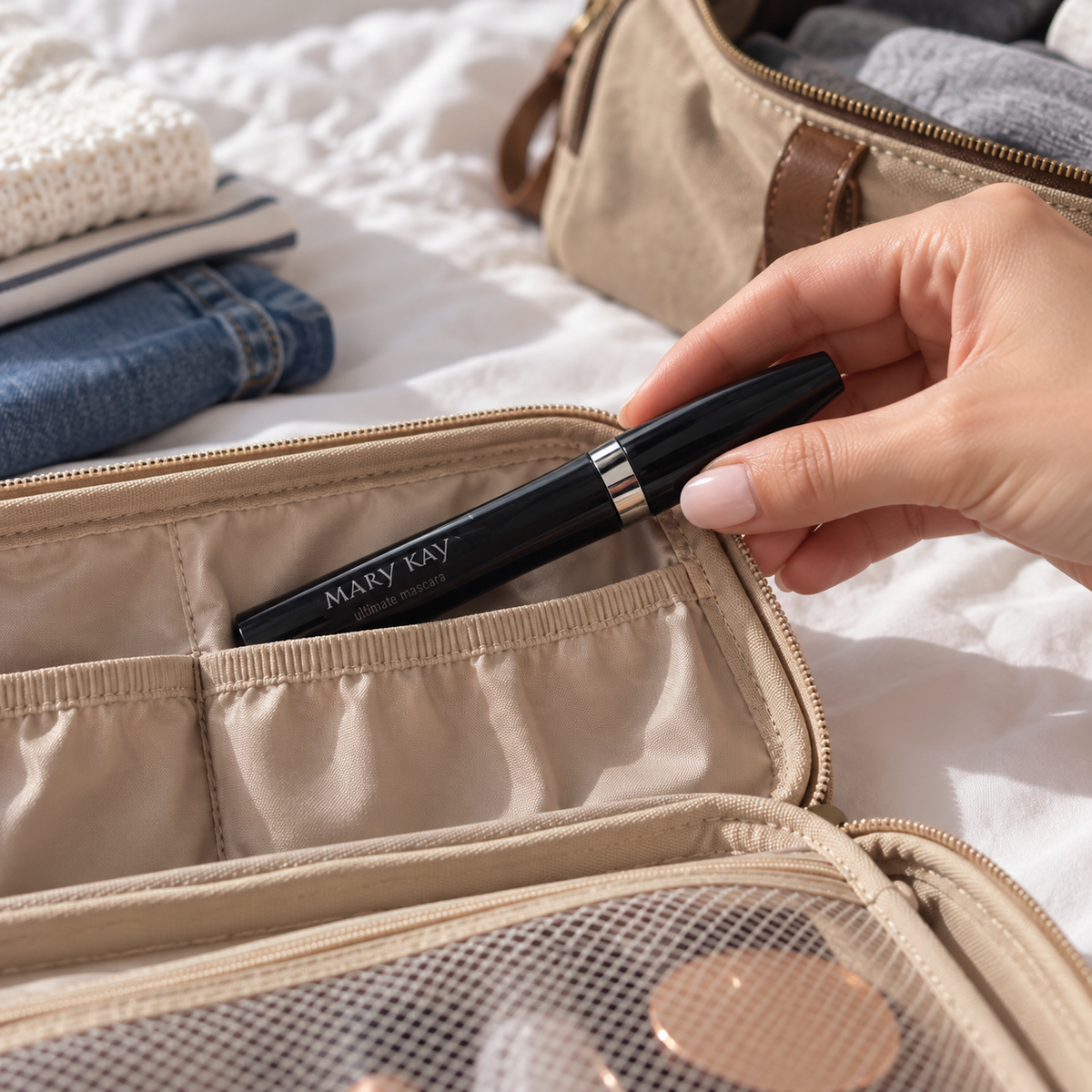 Packing a capped Mary Kay Ultimate Mascara Black tube in a travel pouch