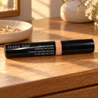 Mary Kay Undereye Corrector on an oak dresser beside a ceramic jewelry dish