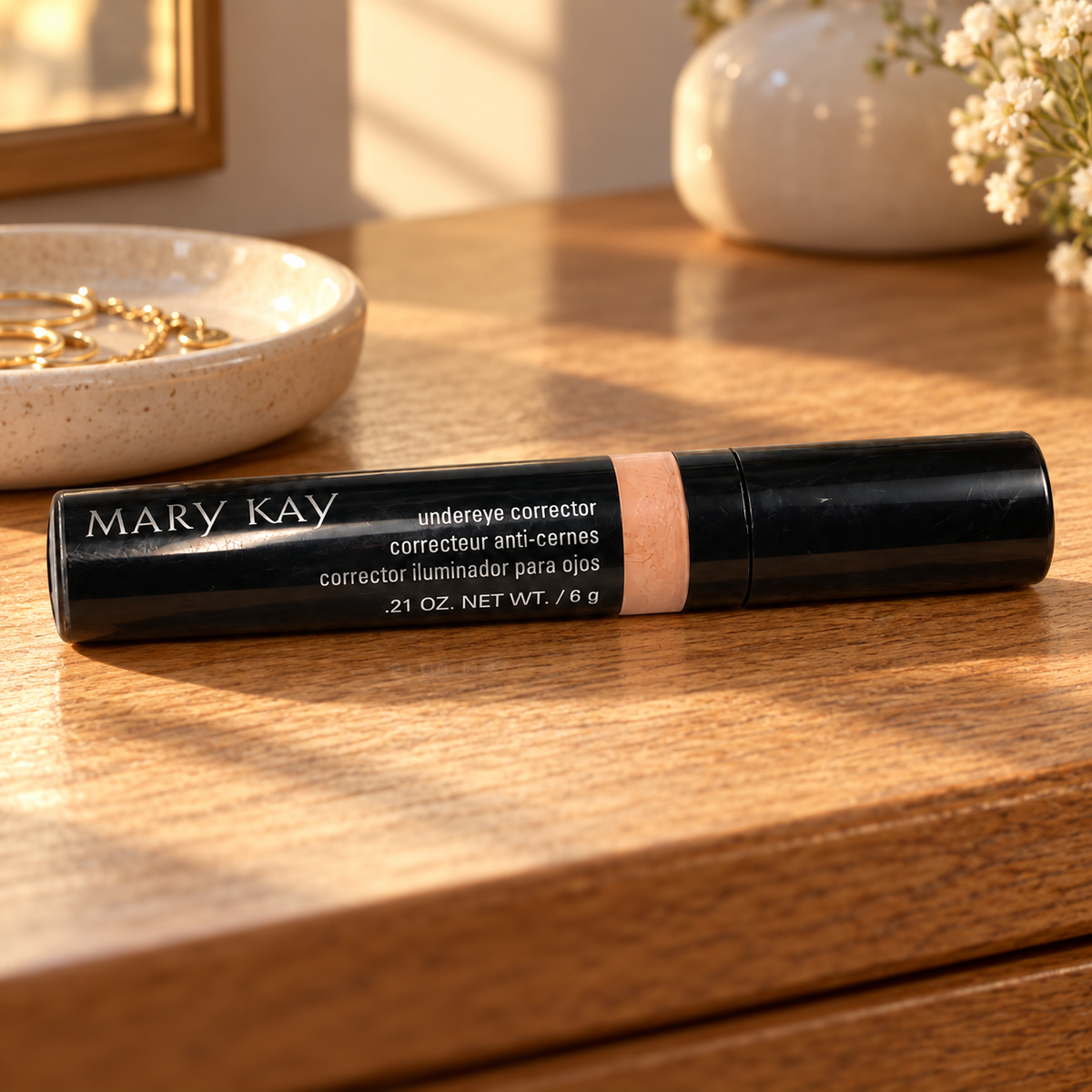 Mary Kay Undereye Corrector on an oak dresser beside a ceramic jewelry dish