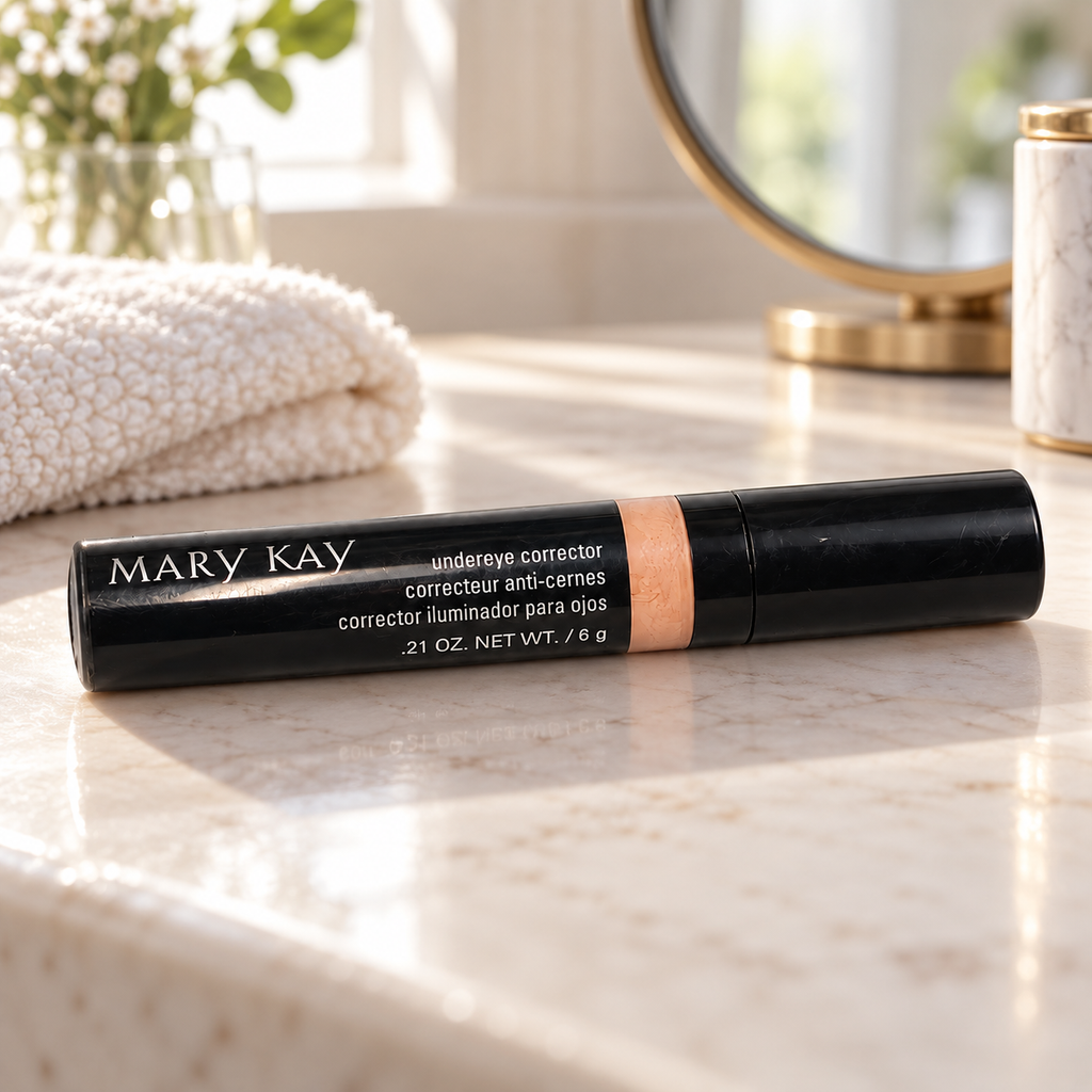 Mary Kay Undereye Corrector on a light vanity beside a folded towel and mirror