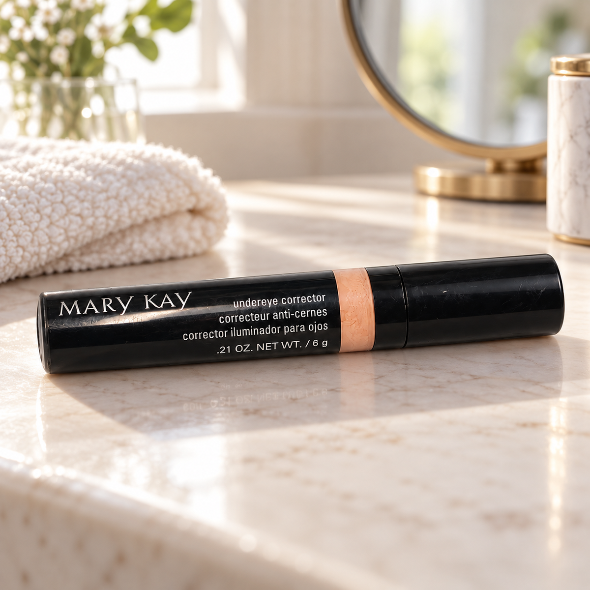 Mary Kay Undereye Corrector on a light vanity beside a folded towel and mirror