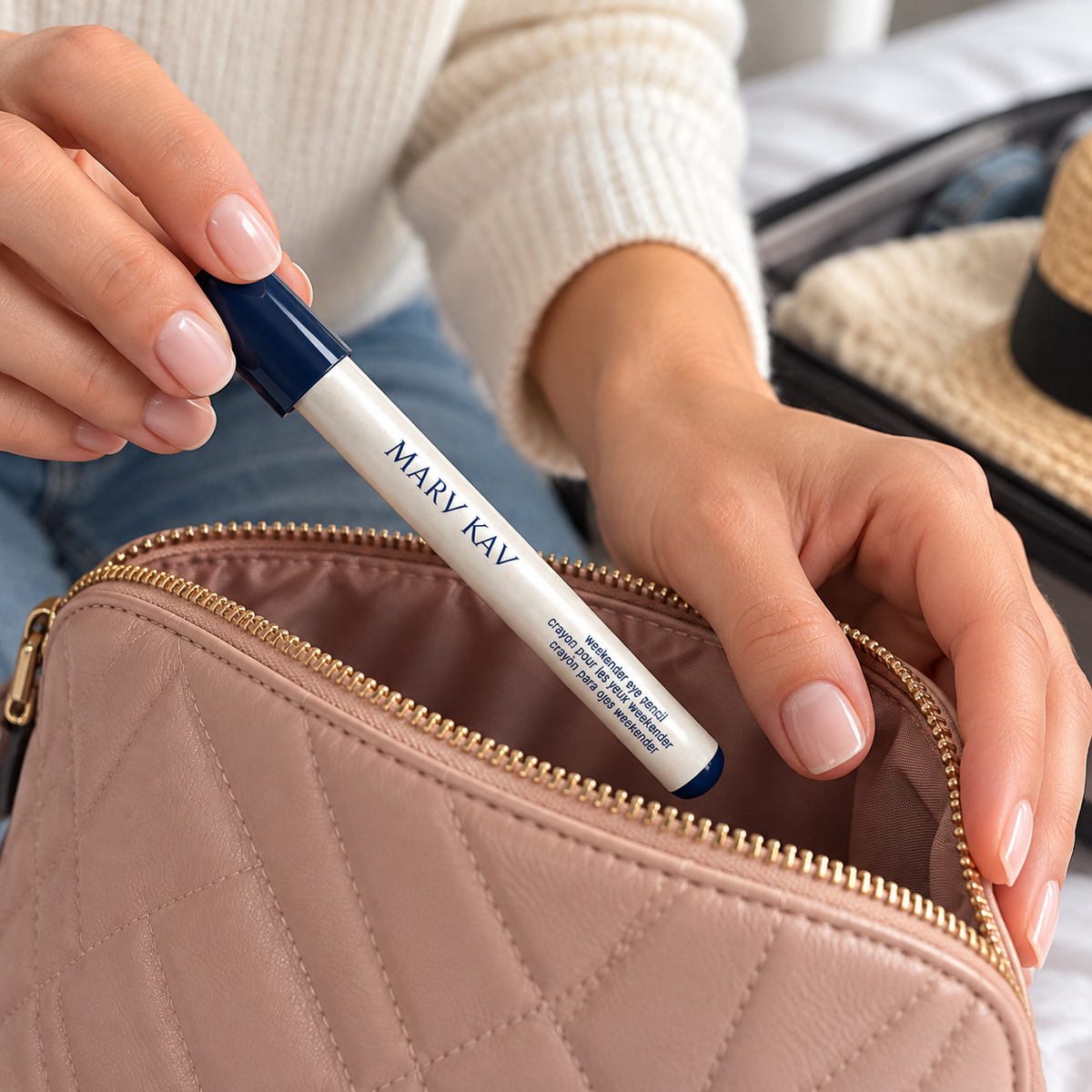 Packing the capped Classic Navy eye pencil in a makeup bag