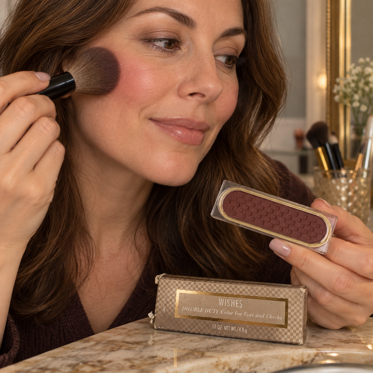 Adult blending Breathtaking Berry powder onto her cheek