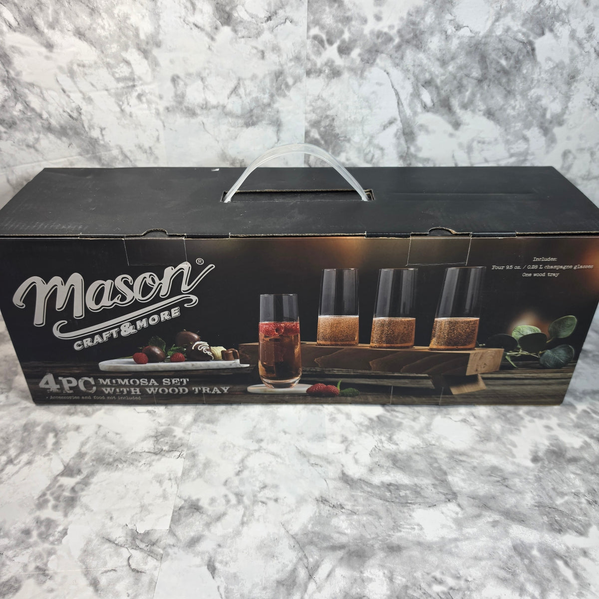 Actual More4less inventory photo of Mason Craft and More four-piece mimosa set box with wood tray.