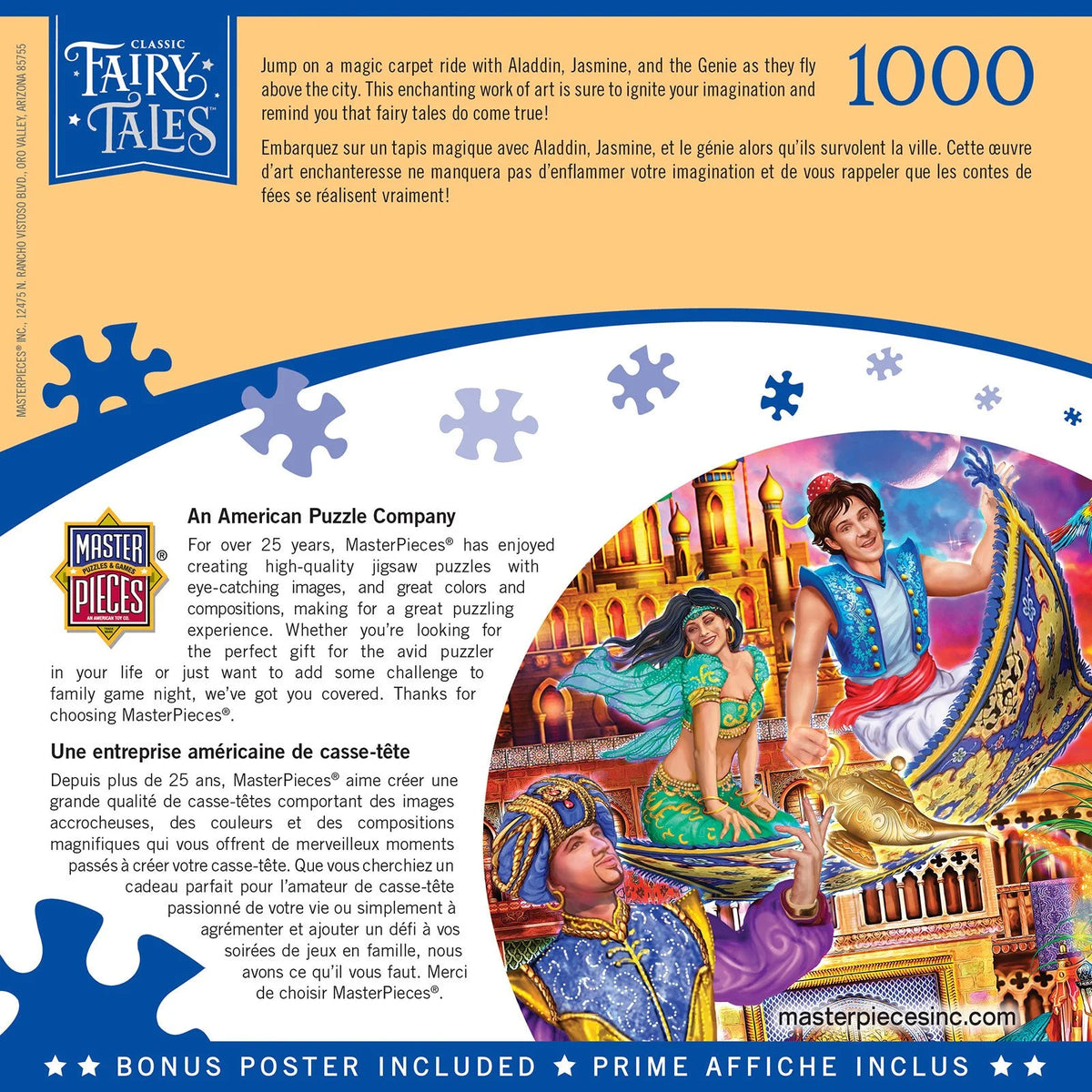 Product image of MasterPieces Classic Fairy Tales Aladdin 1000-piece puzzle box back.
