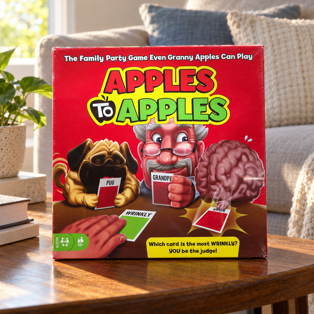 AI-generated lifestyle scene: closed Mattel Apples to Apples BGG15 game box on a living-room side table; furnishings not included.