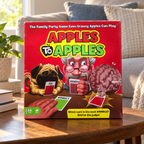 AI-generated lifestyle scene: closed Mattel Apples to Apples BGG15 game box on a living-room side table; furnishings not included.