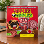 AI-generated lifestyle scene: closed Mattel Apples to Apples BGG15 game box on a coffee table; furnishings not included.