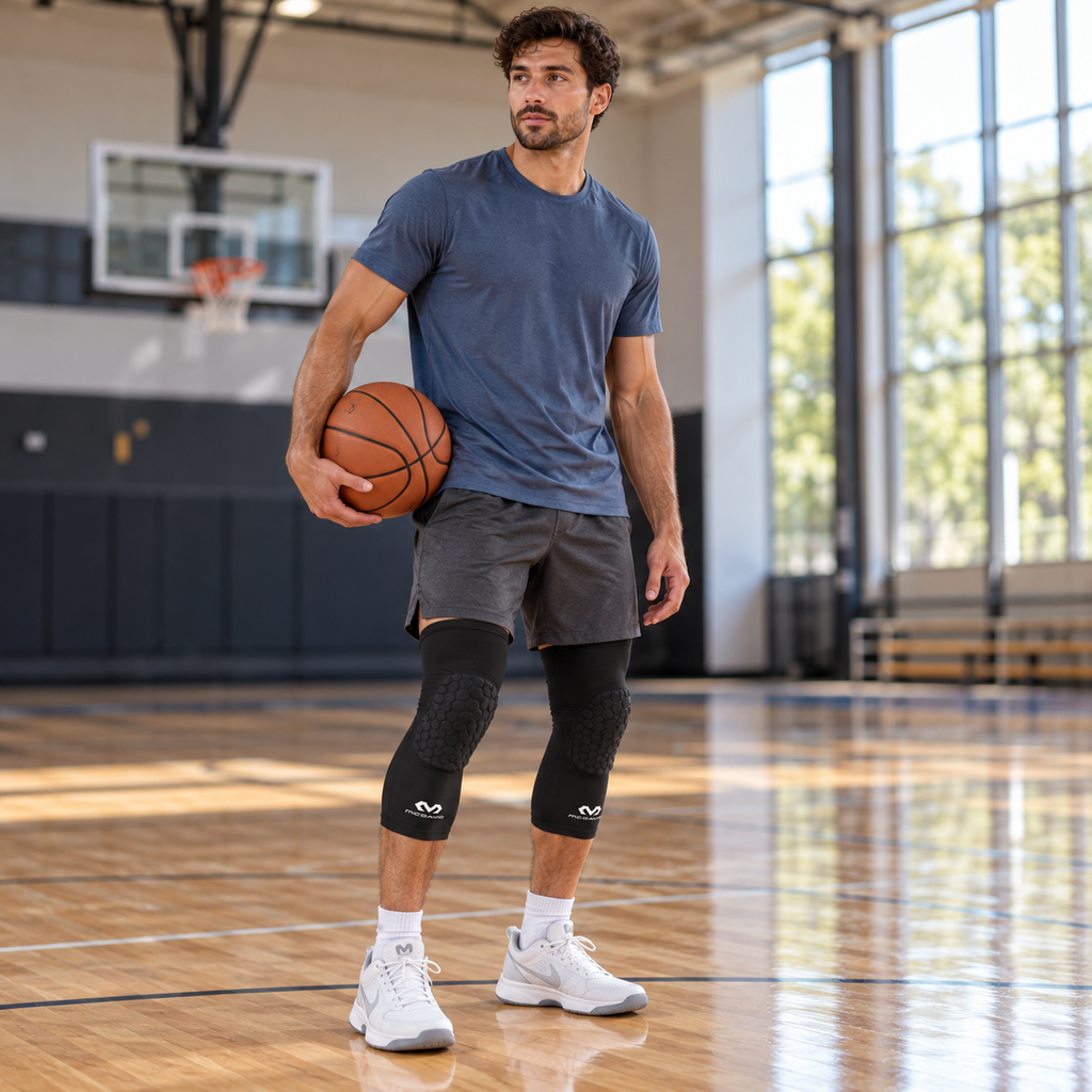 AI-generated illustration of an adult basketball player wearing a black pair of McDavid 6446 HEX extended leg sleeves on an indoor court.