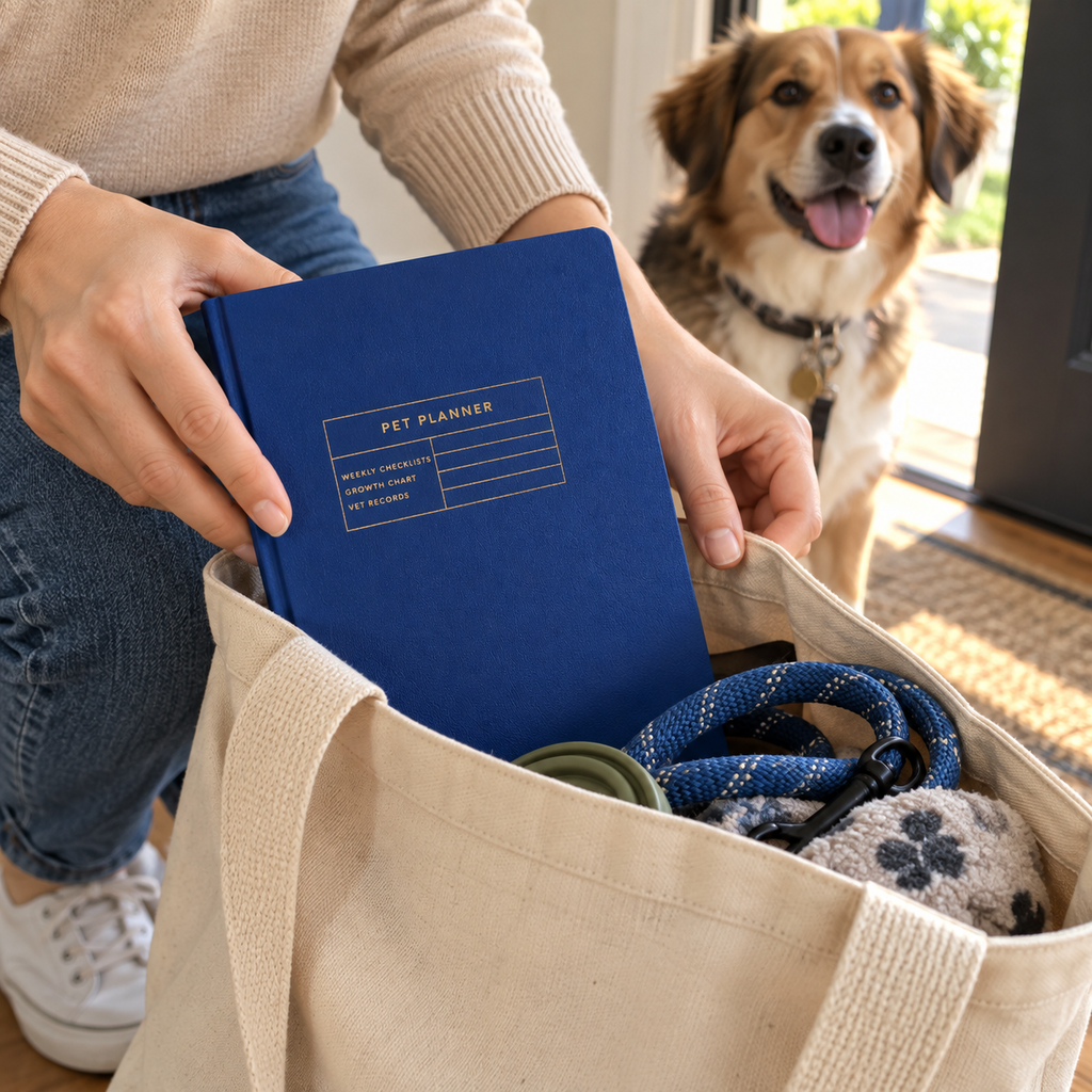 Blue Mead pet planner being packed into a tote for a pet-care visit