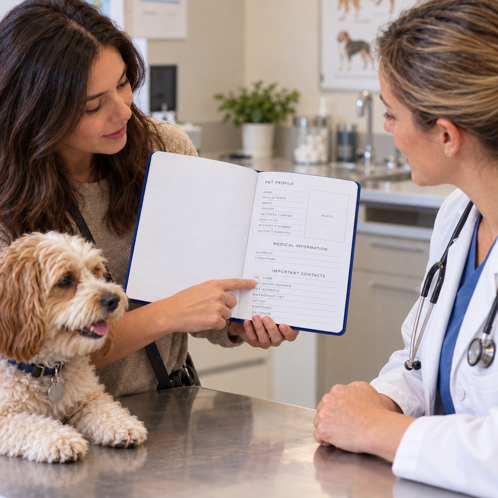 Pet owner reviewing the Mead planner's pet profile with a veterinarian