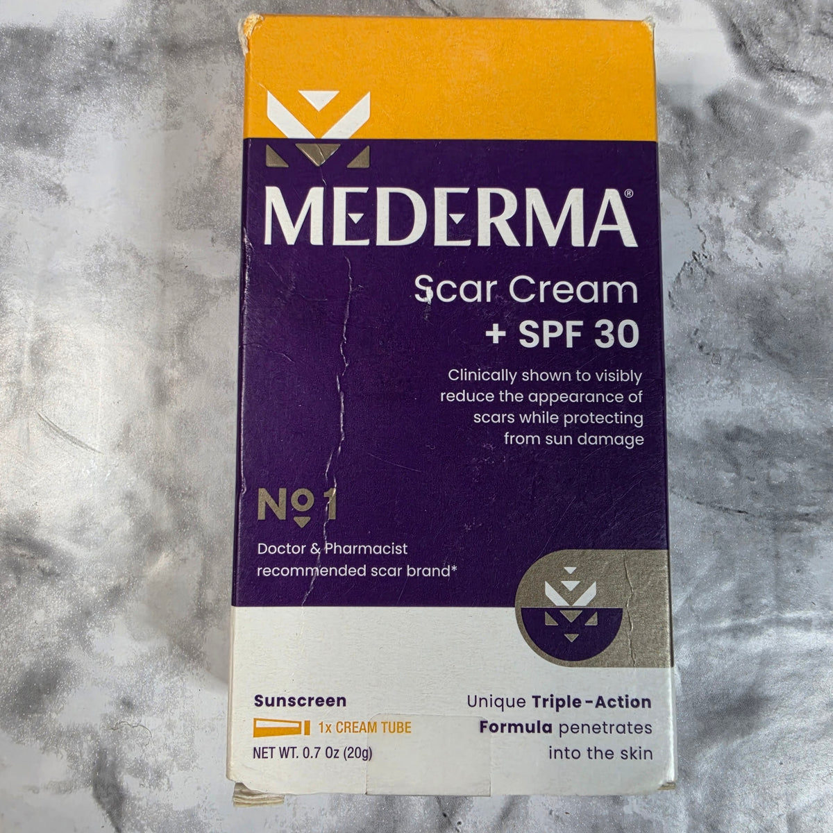 Actual stocked Mederma Scar Cream plus SPF 30, 0.7 oz, in original box with light shelf wear