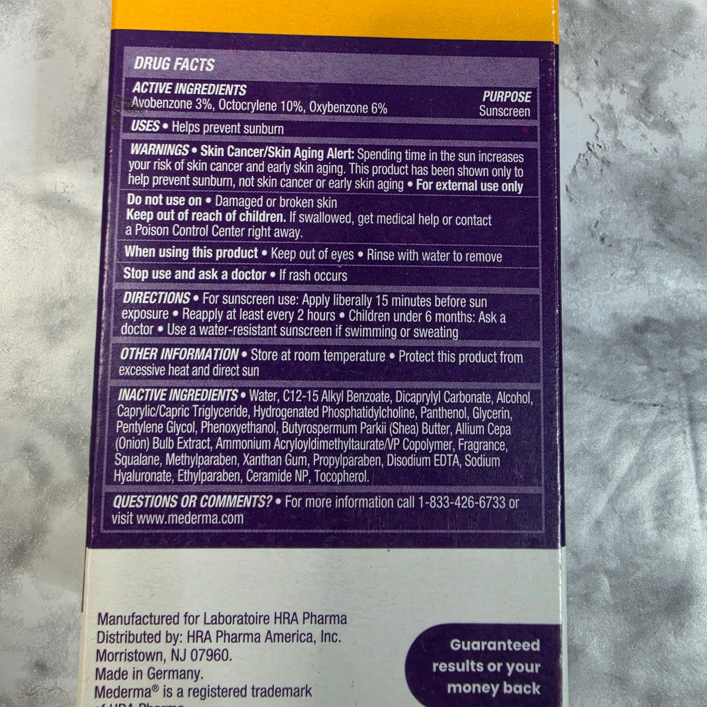 Actual Mederma Scar Cream plus SPF 30 Drug Facts panel with directions and warnings