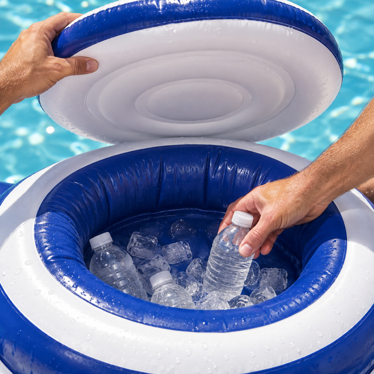 Adding ice and water bottles to the center of an Intex Mega Chill floating cooler