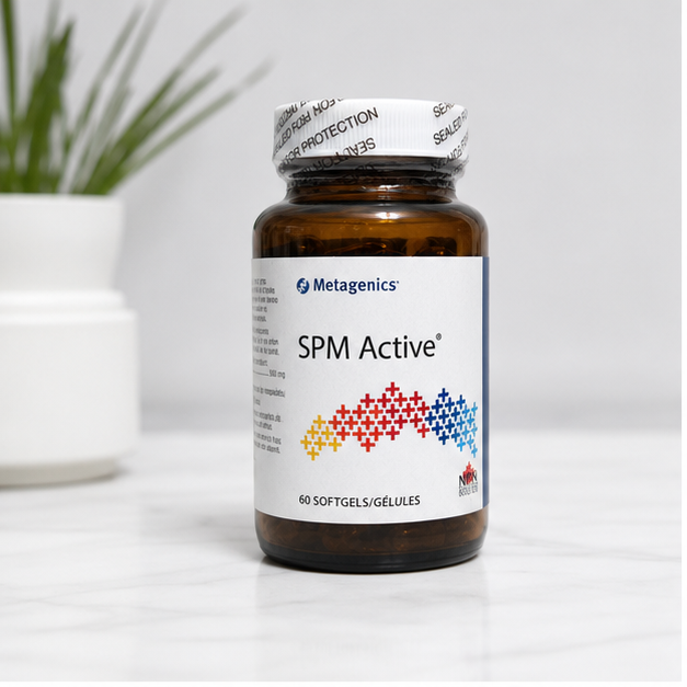 AI-generated clean catalog-style image of Metagenics SPM Active 60 softgels sealed bottle.