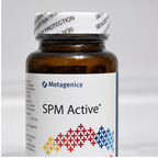 AI-generated close-up context image of Metagenics SPM Active 60 softgels sealed cap and front label.