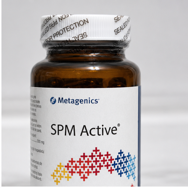AI-generated close-up context image of Metagenics SPM Active 60 softgels sealed cap and front label.