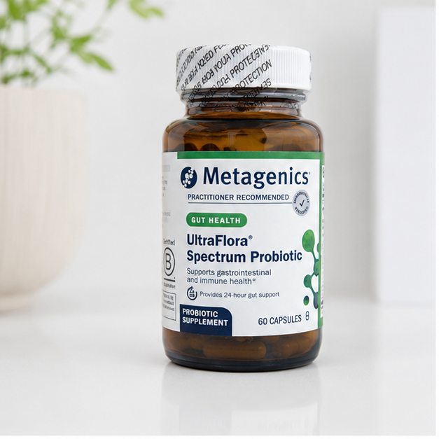 AI-generated clean catalog-style image of Metagenics UltraFlora Spectrum Probiotic 60 capsules sealed bottle.