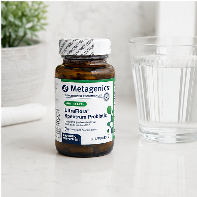 AI-generated countertop context image of Metagenics UltraFlora Spectrum Probiotic 60 capsules beside a glass of water.