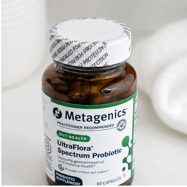 AI-generated close-up context image of Metagenics UltraFlora Spectrum Probiotic sealed cap and front label.