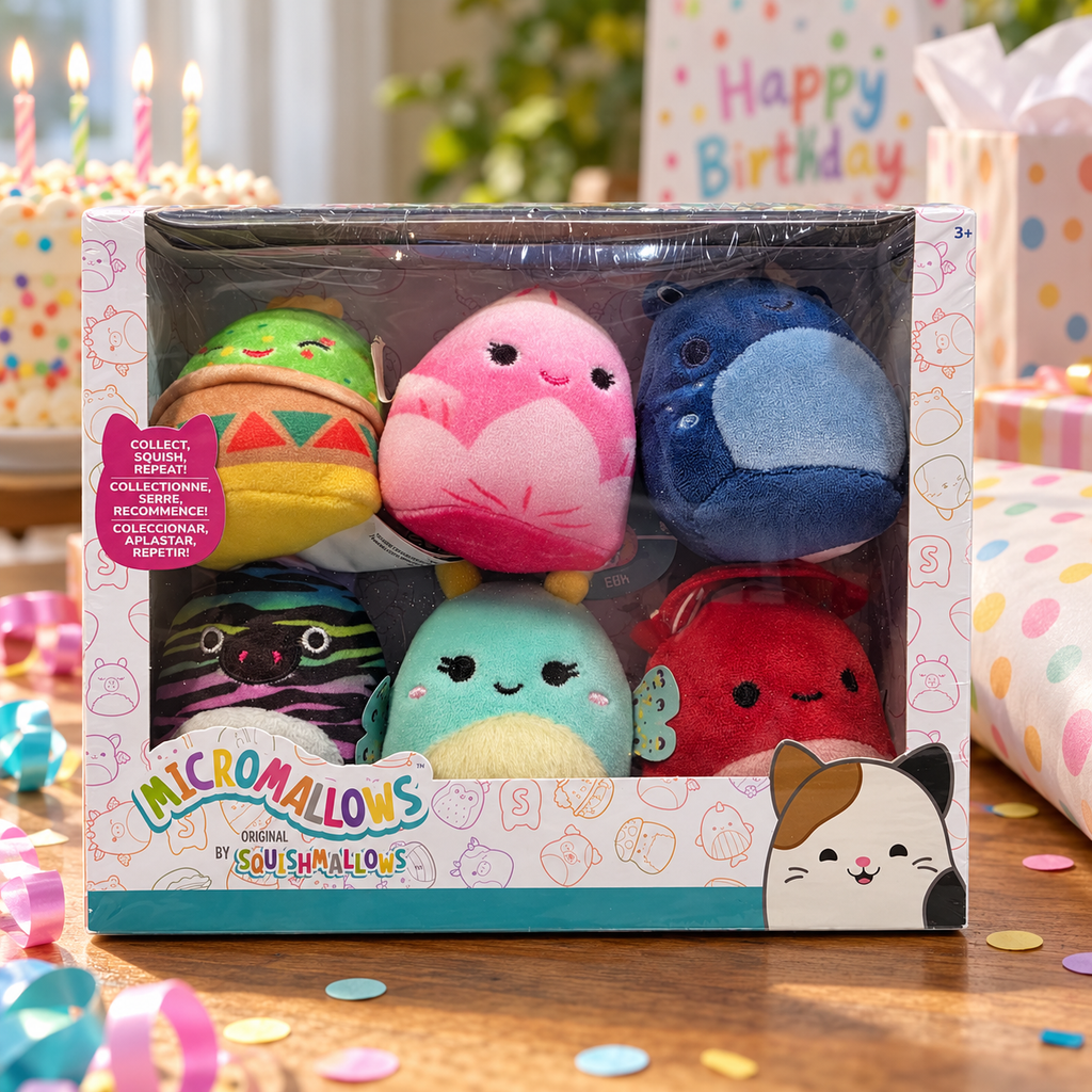 AI-generated lifestyle illustration of one closed Micromallows six-character window box in a birthday table setting. Props not included.
