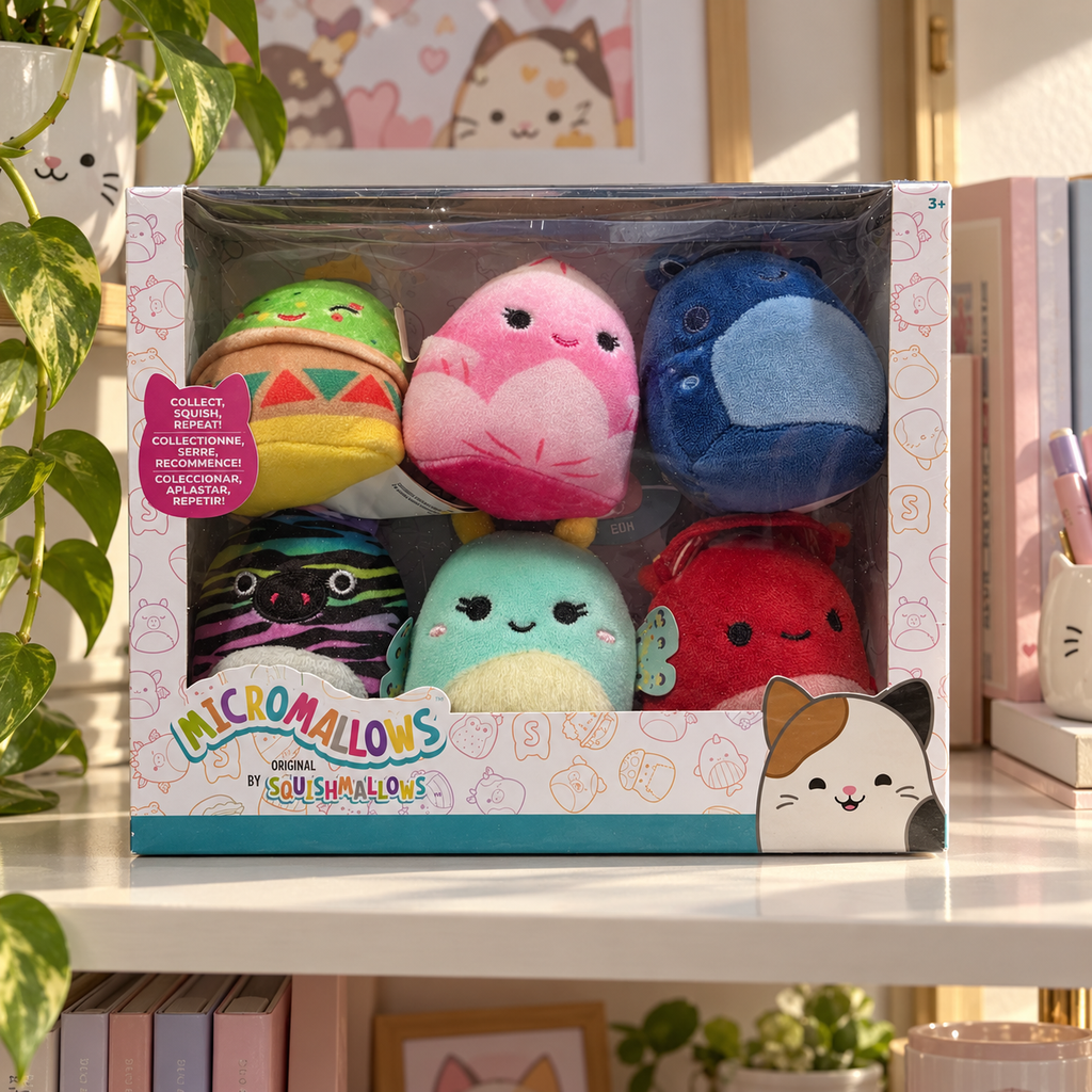 AI-generated lifestyle illustration of one closed Micromallows six-character window box in a collector shelf setting. Props not included.