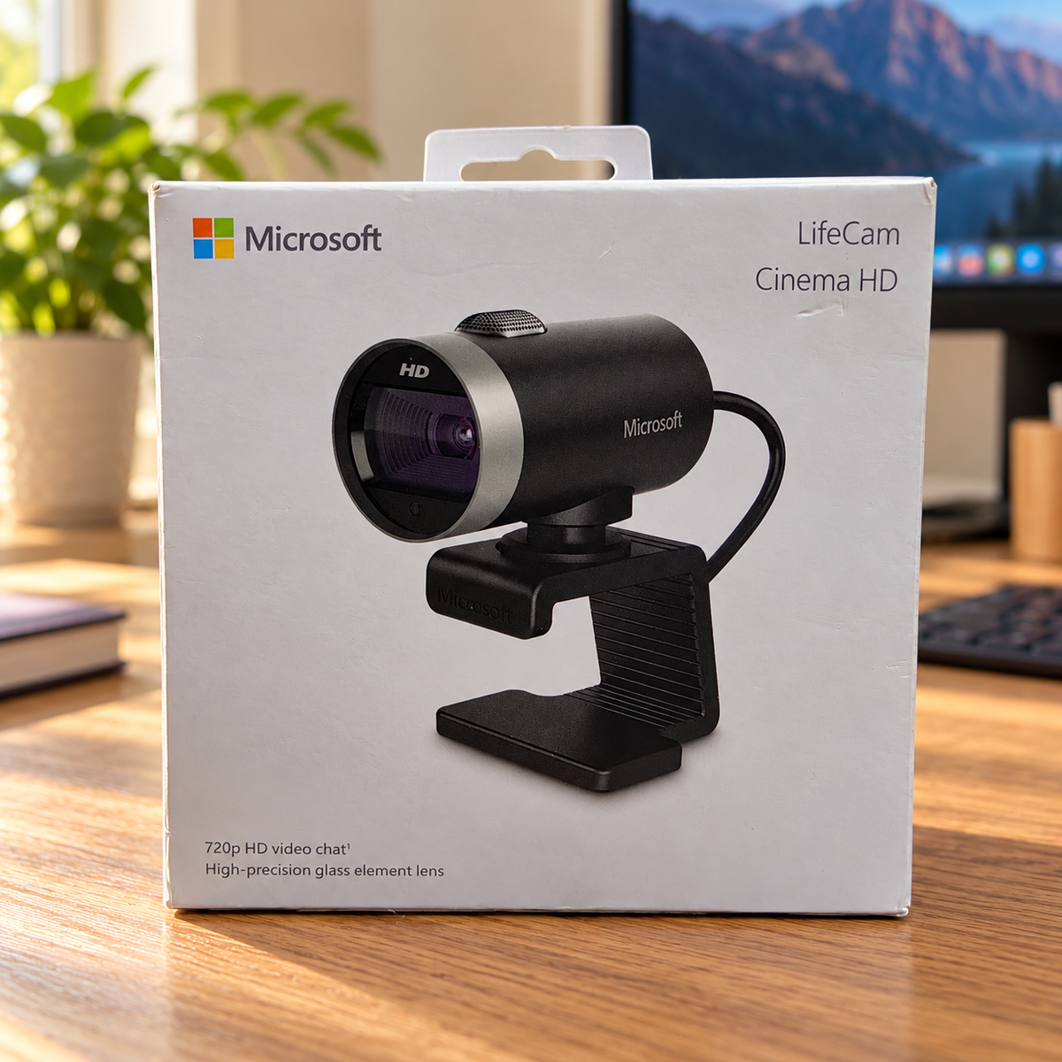 Microsoft LifeCam Cinema retail box staged on a home office desk