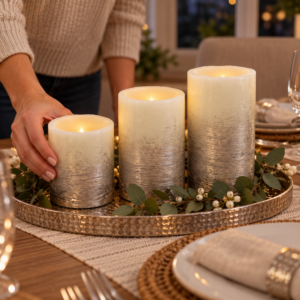 Arranging three silver-toned Mikasa LED candles on a dining-table tray