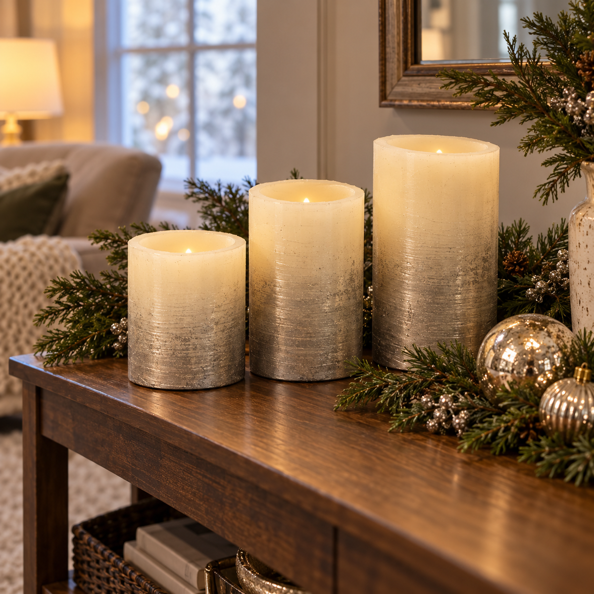 Three silver Mikasa LED candles in a seasonal console display