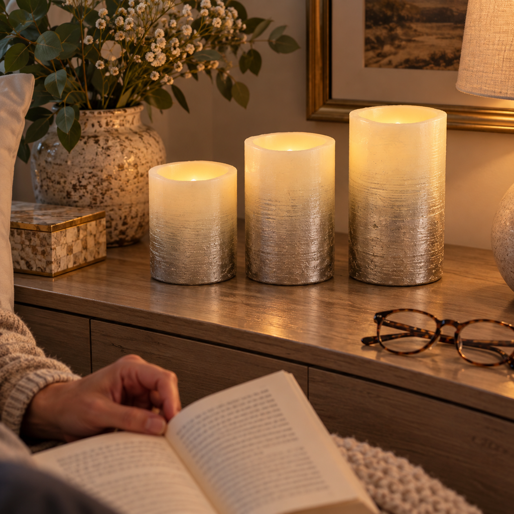 Silver Mikasa LED candles beside a chair during an evening reading break