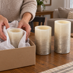 Wrapping a silver Mikasa LED candle for storage with the matching set nearby