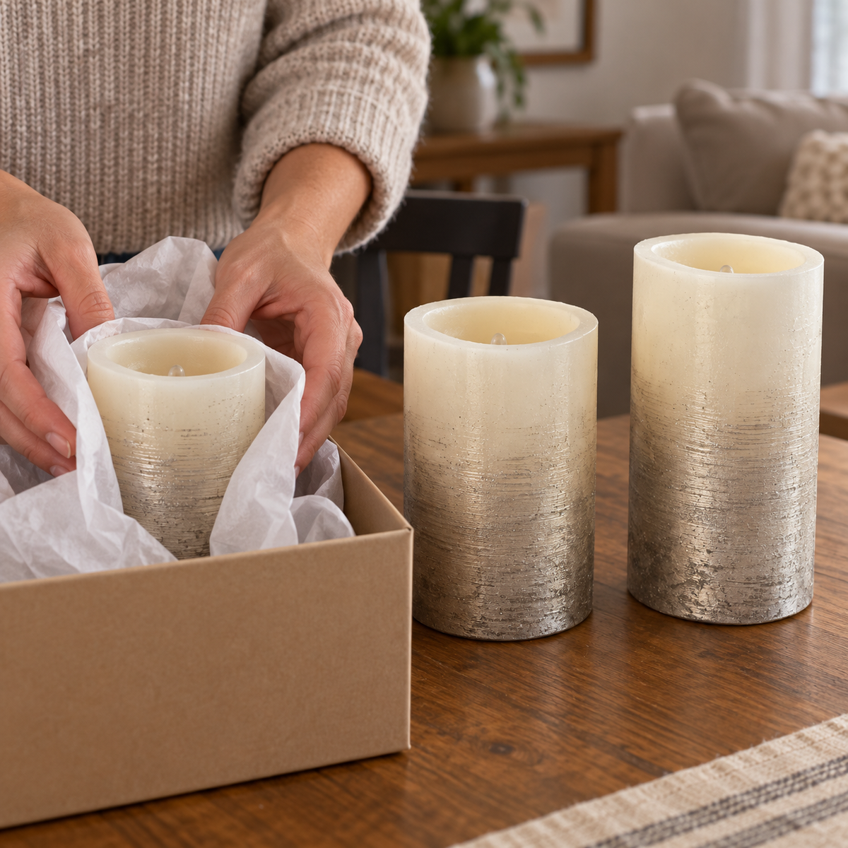 Wrapping a silver Mikasa LED candle for storage with the matching set nearby